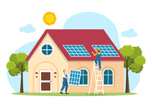 istockphoto-1410378944-170667a Solar Energy Installation, Panel or Wind Turbine Maintenance with Home Service Team For Electricity Network Operation in Cartoon Illustration